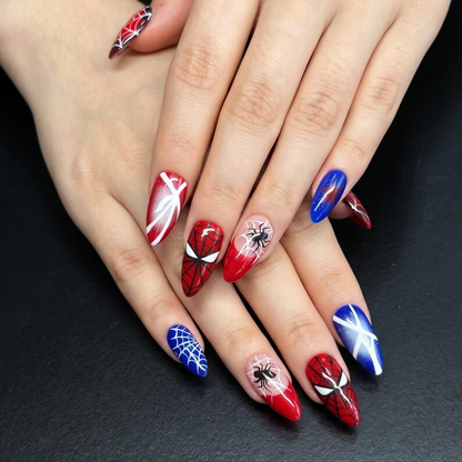 Superhero Press On Nails with Comic Web Design, Red Blue Fake Nails in Almond, Handmade Nail Art for Cosplay, Party, Halloween | OC479UC