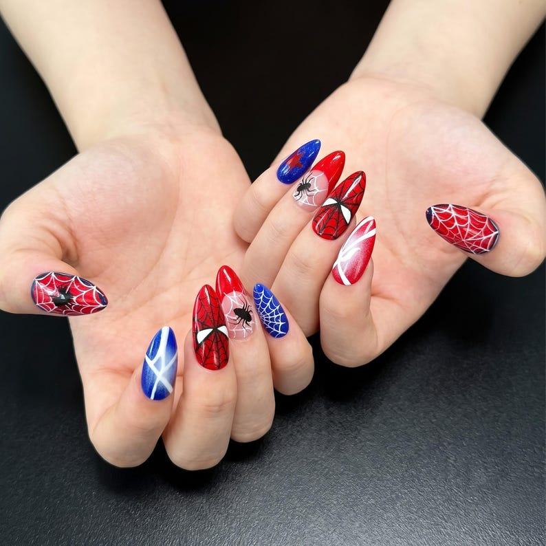 Superhero Press On Nails with Comic Web Design, Red Blue Fake Nails in Almond, Handmade Nail Art for Cosplay, Party, Halloween | OC479UC