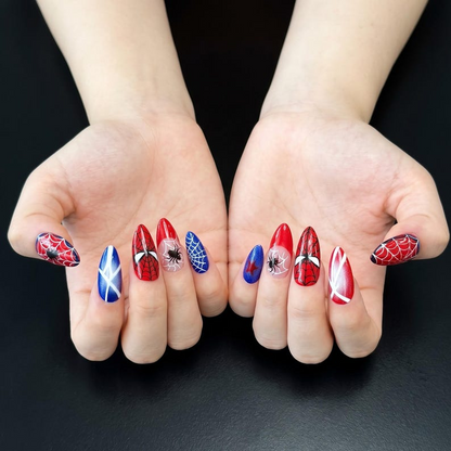 Superhero Press On Nails with Comic Web Design, Red Blue Fake Nails in Almond, Handmade Nail Art for Cosplay, Party, Halloween | OC479UC