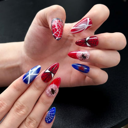 Superhero Press On Nails with Comic Web Design, Red Blue Fake Nails in Almond, Handmade Nail Art for Cosplay, Party, Halloween | OC479UC