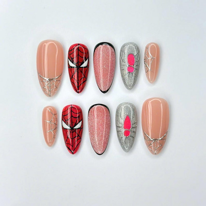 Superhero Press On Nails with Web Design , Comic Inspired Fake Nails in Almond Shape , Handmade Red Black Nail Art | OB476UC