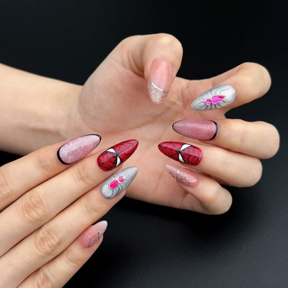 Superhero Press On Nails with Web Design , Comic Inspired Fake Nails in Almond Shape , Handmade Red Black Nail Art | OB476UC
