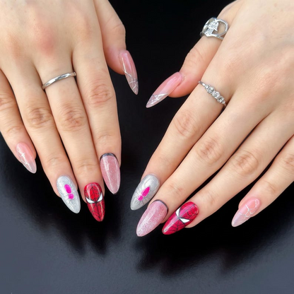 Superhero Press On Nails with Web Design , Comic Inspired Fake Nails in Almond Shape , Handmade Red Black Nail Art | OB476UC