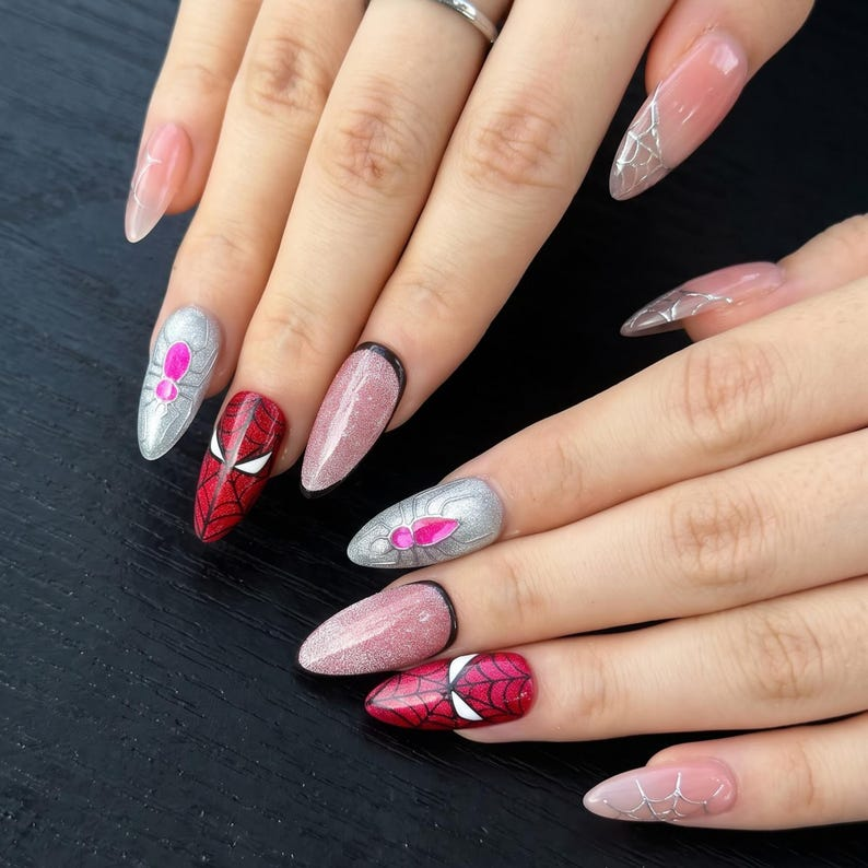 Superhero Press On Nails with Web Design , Comic Inspired Fake Nails in Almond Shape , Handmade Red Black Nail Art | OB476UC