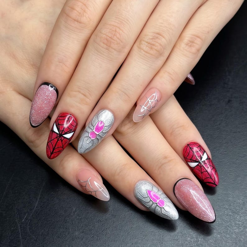Superhero Press On Nails with Web Design , Comic Inspired Fake Nails in Almond Shape , Handmade Red Black Nail Art | OB476UC