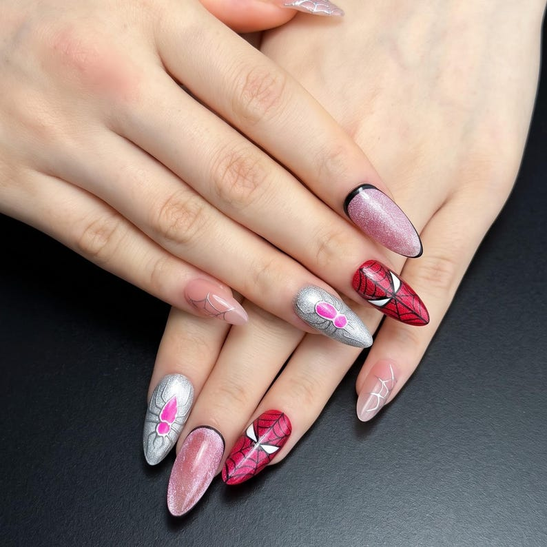 Superhero Press On Nails with Web Design , Comic Inspired Fake Nails in Almond Shape , Handmade Red Black Nail Art | OB476UC