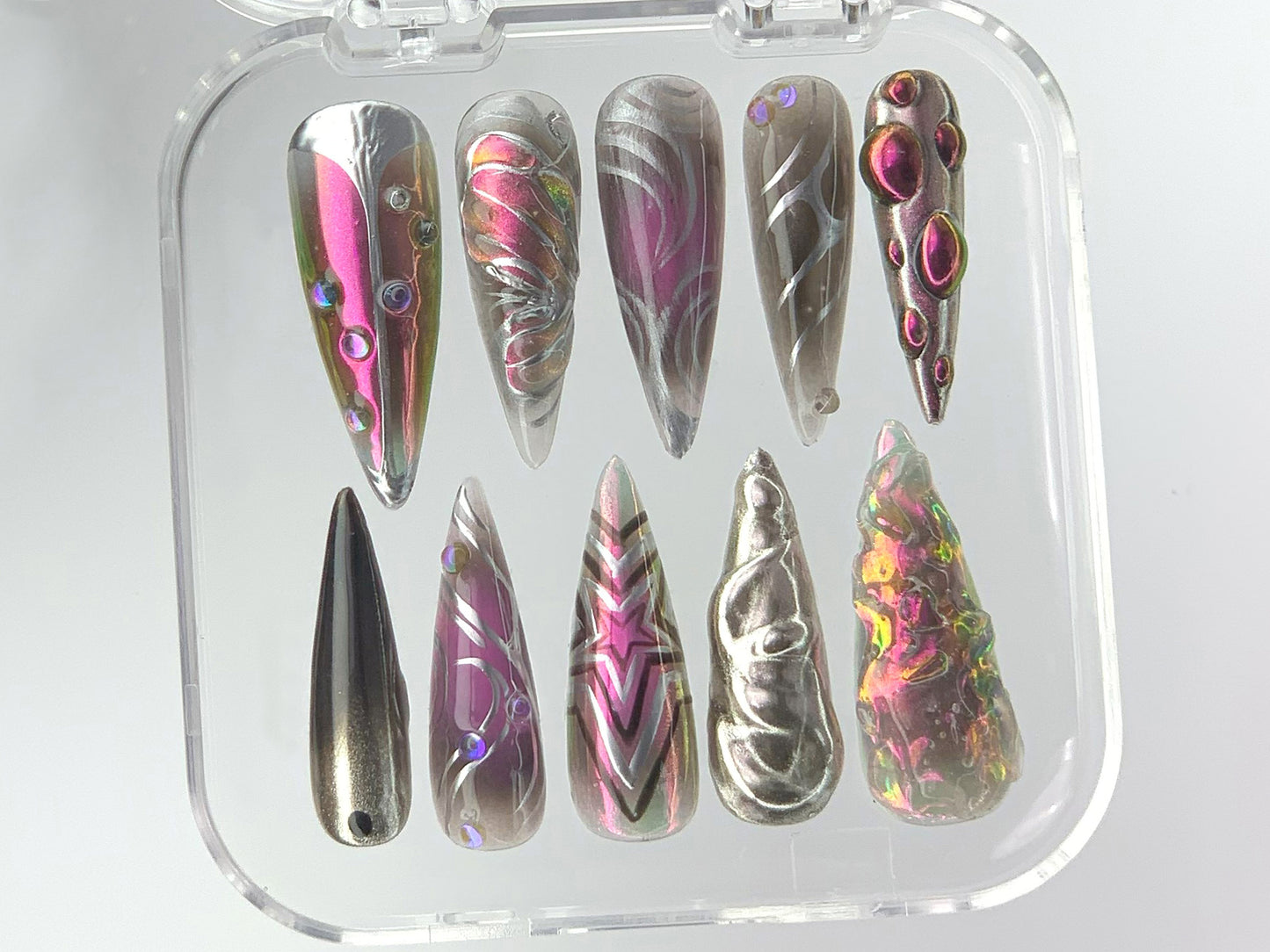 Futuristic Metallic Press On Nails | Unique 3D Holographic Fake Nails | Chrome Metallic Acrylic Nails | Holographic 3D Nail Polish | HD539YH