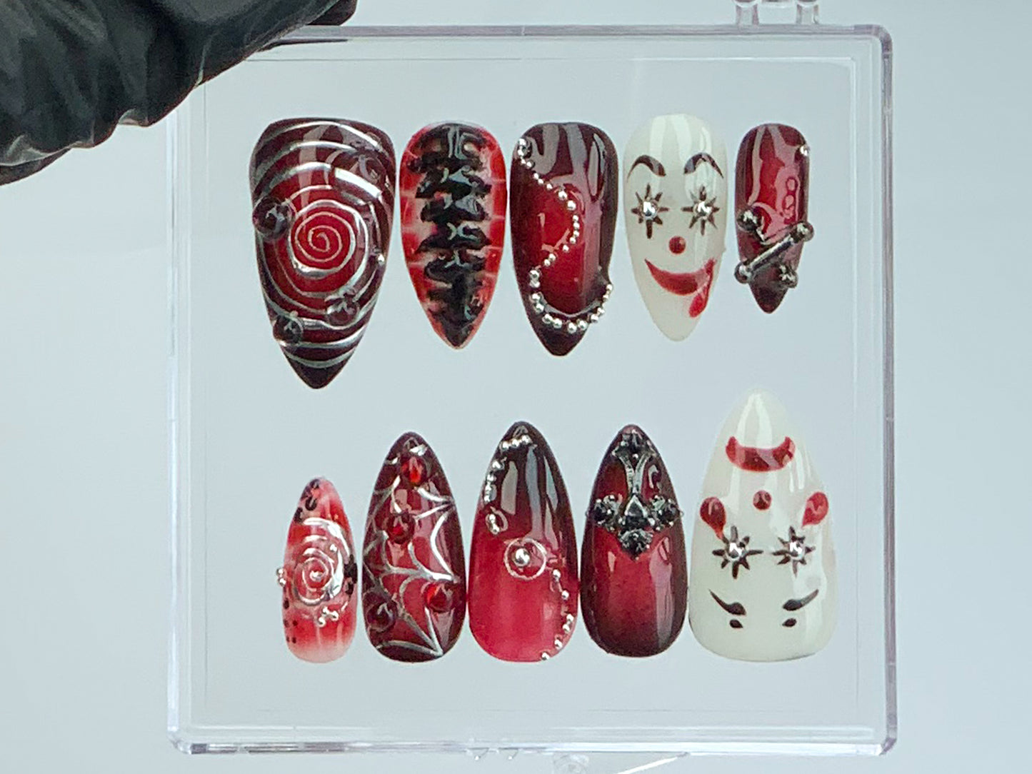 Red Gothic Clown Press-On Nails | Horror Clown Acrylic Nails | Spooky Y2K Halloween Nail Art | 3D Gothic Fake Nails | Unique Design | HD587Y