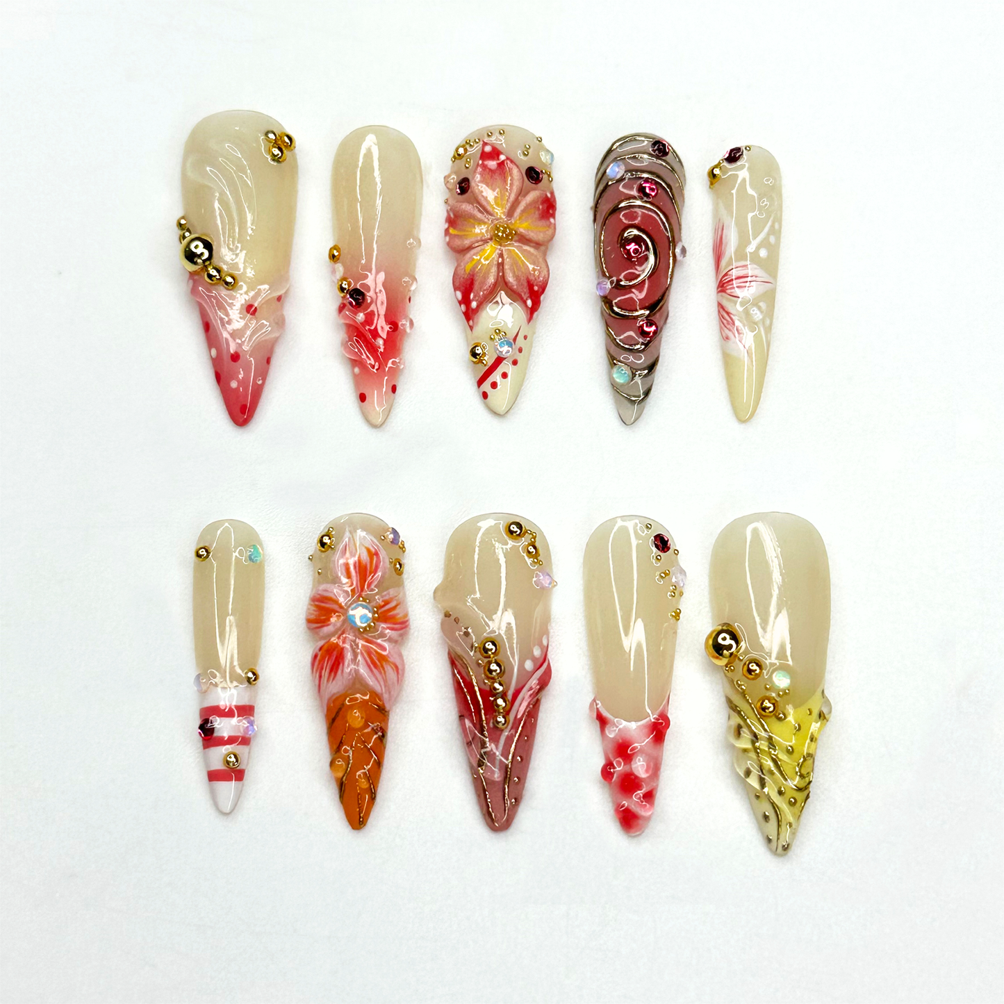 Summer 3D Press On Nails | Luxury Tropical Stiletto Nails | | Premium Beach Vacation Birthday Nails Gift | JB397LK
