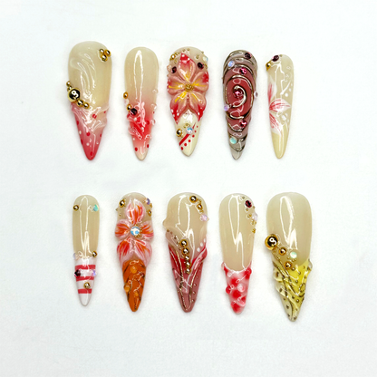 Summer 3D Press On Nails | Luxury Tropical Stiletto Nails | | Premium Beach Vacation Birthday Nails Gift | JB397LK