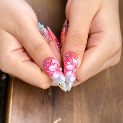 Tropical Press On Nails with 3D Hibiscus Flower, Pink Coral Jelly Nails, Handmade Vacation Nails for Beach Holiday, Press on nails , OB471WG