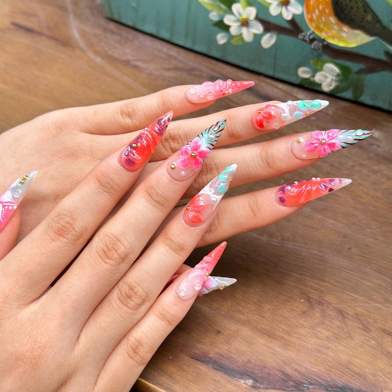 Tropical Press On Nails with 3D Hibiscus Flower, Pink Coral Jelly Nails, Handmade Vacation Nails for Beach Holiday, Press on nails , OB471WG