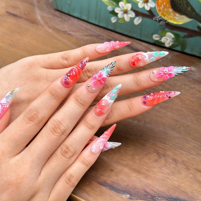 Tropical Press On Nails with 3D Hibiscus Flower, Pink Coral Jelly Nails, Handmade Vacation Nails for Beach Holiday, Press on nails , OB471WG
