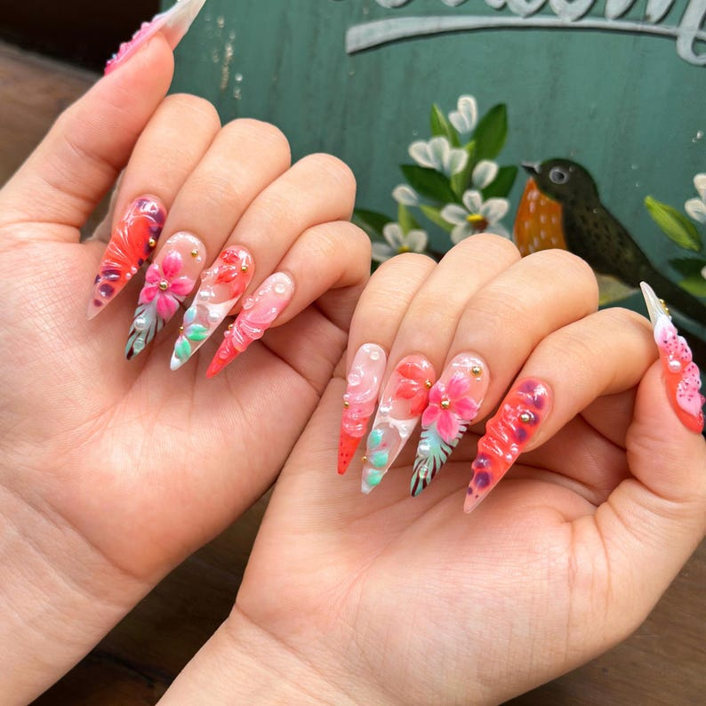 Tropical Press On Nails with 3D Hibiscus Flower, Pink Coral Jelly Nails, Handmade Vacation Nails for Beach Holiday, Press on nails , OB471WG