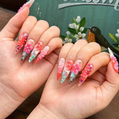 Tropical Press On Nails with 3D Hibiscus Flower, Pink Coral Jelly Nails, Handmade Vacation Nails for Beach Holiday, Press on nails , OB471WG