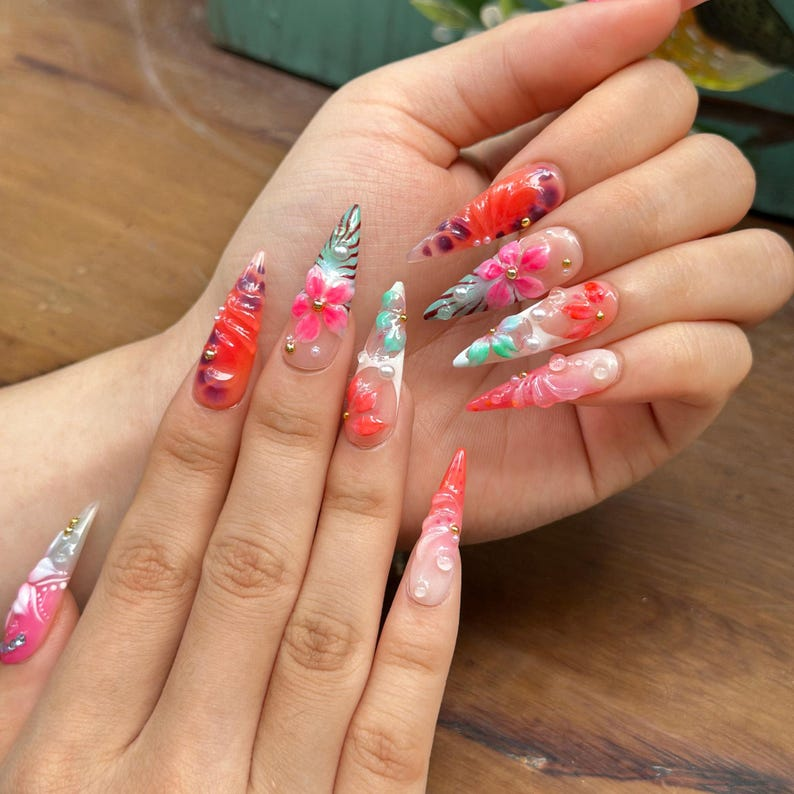 Tropical Press On Nails with 3D Hibiscus Flower, Pink Coral Jelly Nails, Handmade Vacation Nails for Beach Holiday, Press on nails , OB471WG