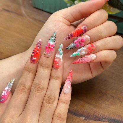 Tropical Press On Nails with 3D Hibiscus Flower, Pink Coral Jelly Nails, Handmade Vacation Nails for Beach Holiday, Press on nails , OB471WG