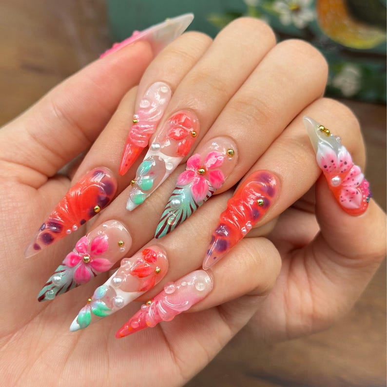 Tropical Press On Nails with 3D Hibiscus Flower, Pink Coral Jelly Nails, Handmade Vacation Nails for Beach Holiday, Press on nails , OB471WG