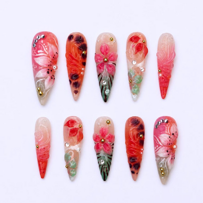 Tropical Press On Nails with 3D Hibiscus Flower, Pink Coral Jelly Nails, Handmade Vacation Nails for Beach Holiday, Press on nails , OB471WG
