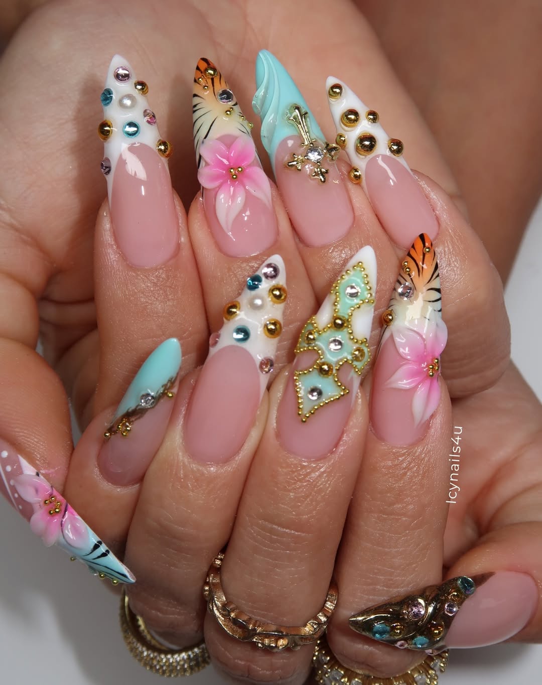 Tropical Summer 3D Press On Nails by Icy Nails 4u | Luxury Floral & Crystal Stiletto | DU01L
