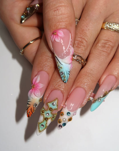 Tropical Summer 3D Press On Nails by Icy Nails 4u | Luxury Floral & Crystal Stiletto | DU01L