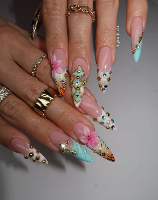 Tropical Summer 3D Press On Nails by Icy Nails 4u | Luxury Floral & Crystal Stiletto | DU01L