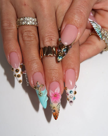 Tropical Summer 3D Press On Nails by Icy Nails 4u | Luxury Floral & Crystal Stiletto | DU01L