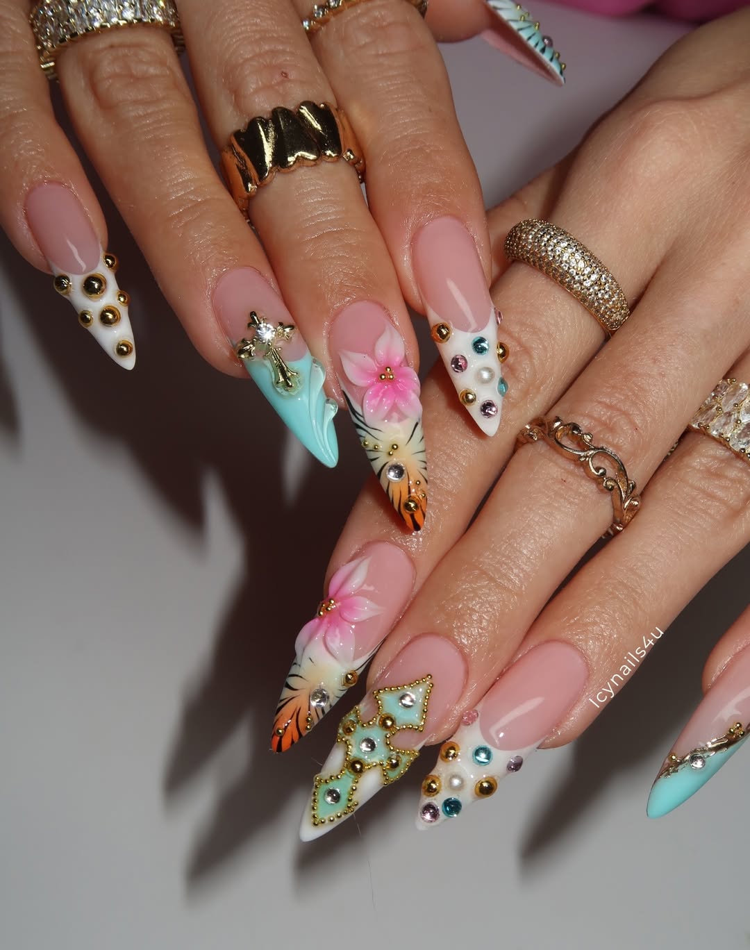 Tropical Summer 3D Press On Nails by Icy Nails 4u | Luxury Floral & Crystal Stiletto | DU01L