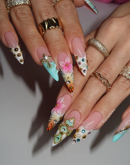 Tropical Summer 3D Press On Nails by Icy Nails 4u | Luxury Floral & Crystal Stiletto | DU01L