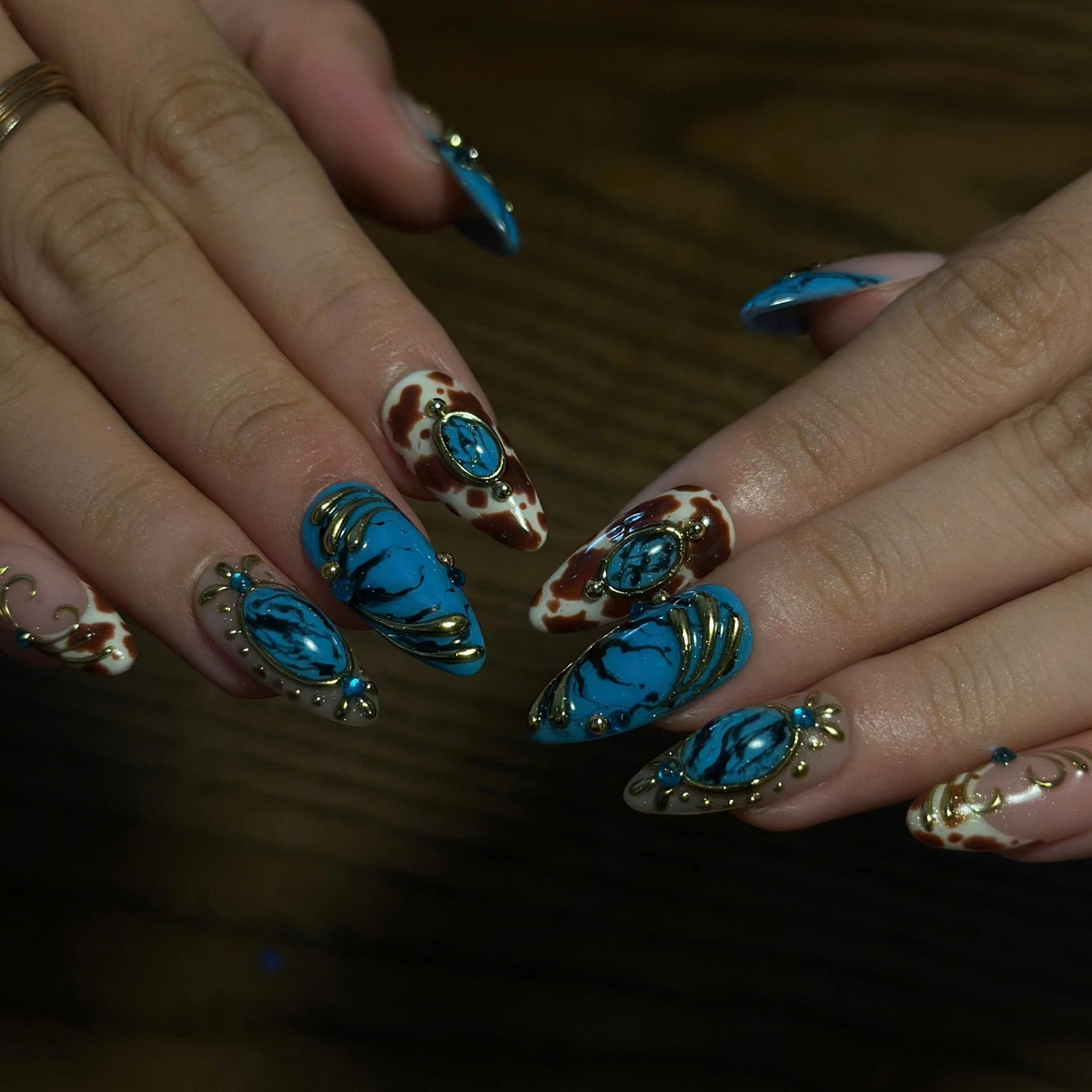 Turquoise Press On Nails, Western Jewelry Nails, Gold 3D Boho Nail Art, Vintage Ornamental Statement Nails, OB671UC