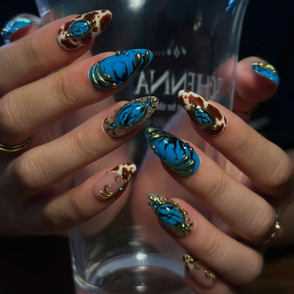 Turquoise Press On Nails, Western Jewelry Nails, Gold 3D Boho Nail Art, Vintage Ornamental Statement Nails, OB671UC