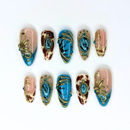 Turquoise Press On Nails, Western Jewelry Nails, Gold 3D Boho Nail Art, Vintage Ornamental Statement Nails, OB671UC