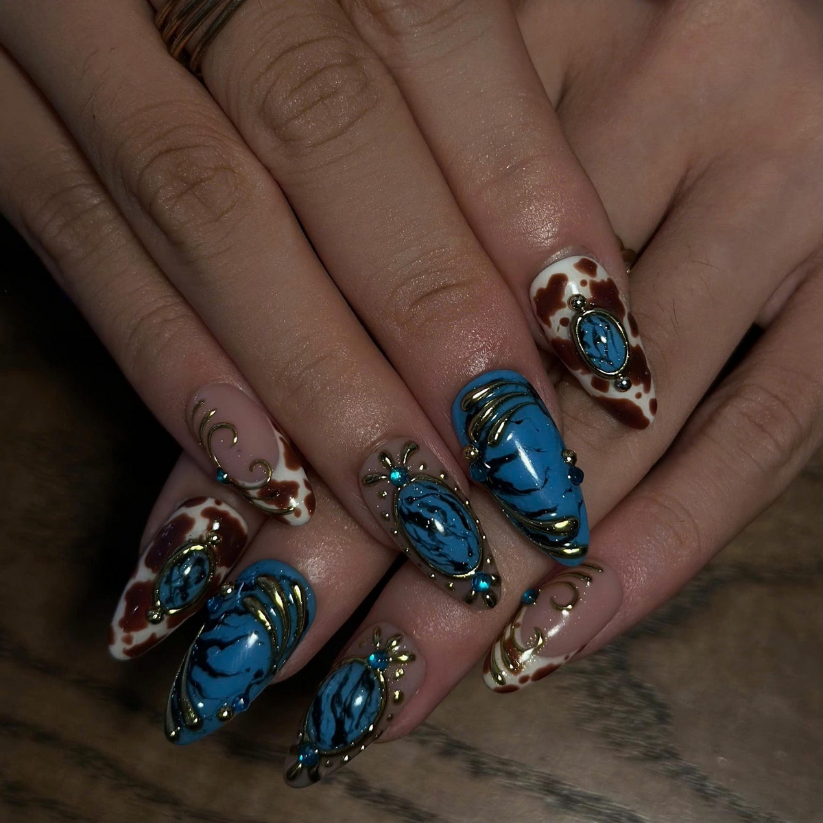 Turquoise Press On Nails, Western Jewelry Nails, Gold 3D Boho Nail Art, Vintage Ornamental Statement Nails, OB671UC