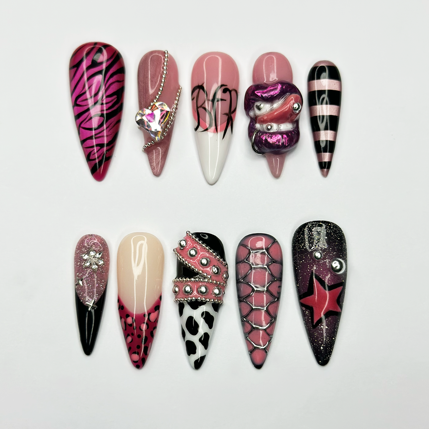 Y2K Pink Black Press On Nails • Coquette Baddie Nail Set • Zebra Web Star Glam Nails • Handmade 3D Statement Nails • OB610UC