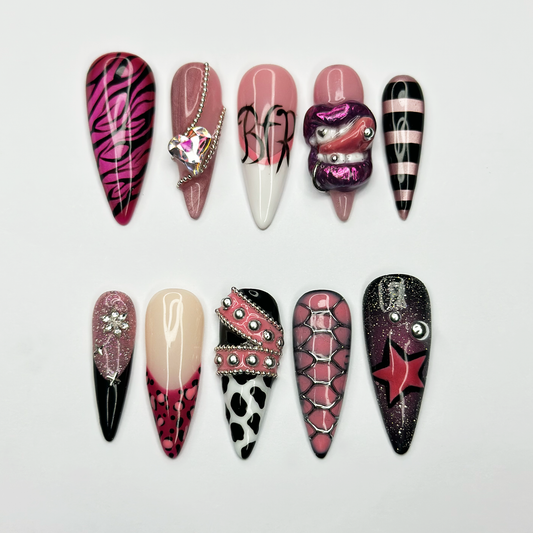 Y2K Pink Black Press On Nails • Coquette Baddie Nail Set • Zebra Web Star Glam Nails • Handmade 3D Statement Nails • OB610UC