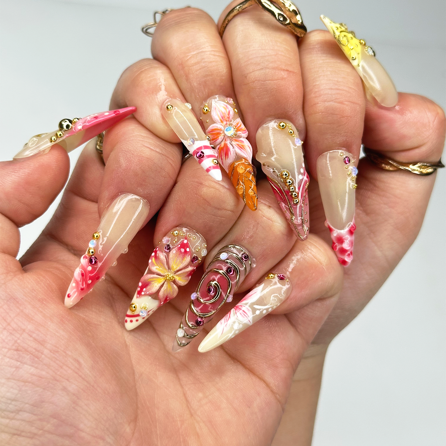 Summer 3D Press On Nails | Luxury Tropical Stiletto Nails | | Premium Beach Vacation Birthday Nails Gift | JB397LK
