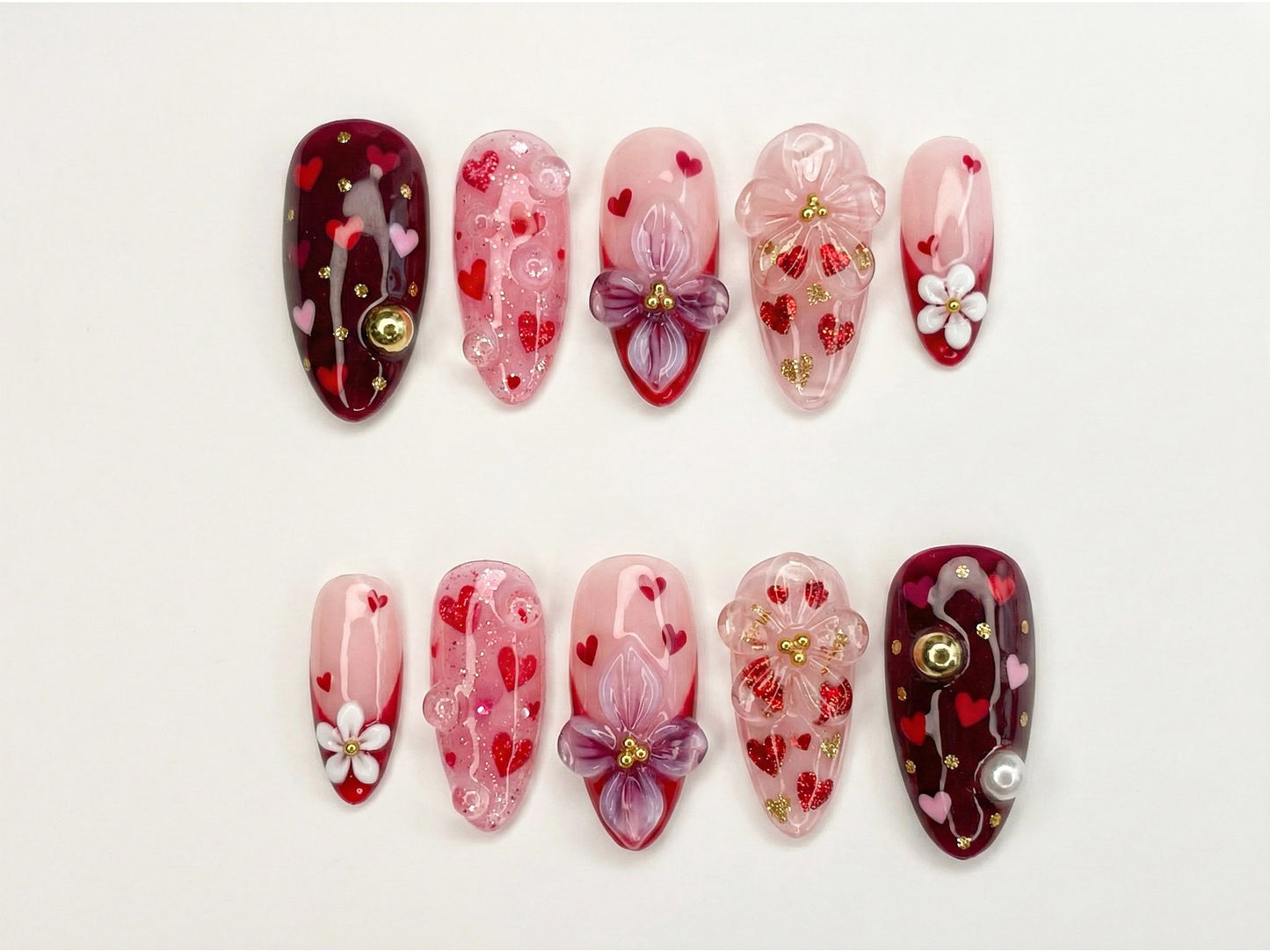 Sweetheart Bloom Press On Nails | Valentine Heart Nails | Pink Red Romantic Nails | 3D Flower Press On Nails | Handmade Love Nail Art