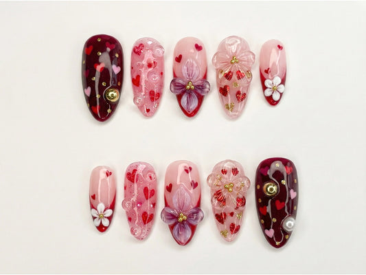 Sweetheart Bloom Press On Nails | Valentine Heart Nails | Pink Red Romantic Nails | 3D Flower Press On Nails | Handmade Love Nail Art