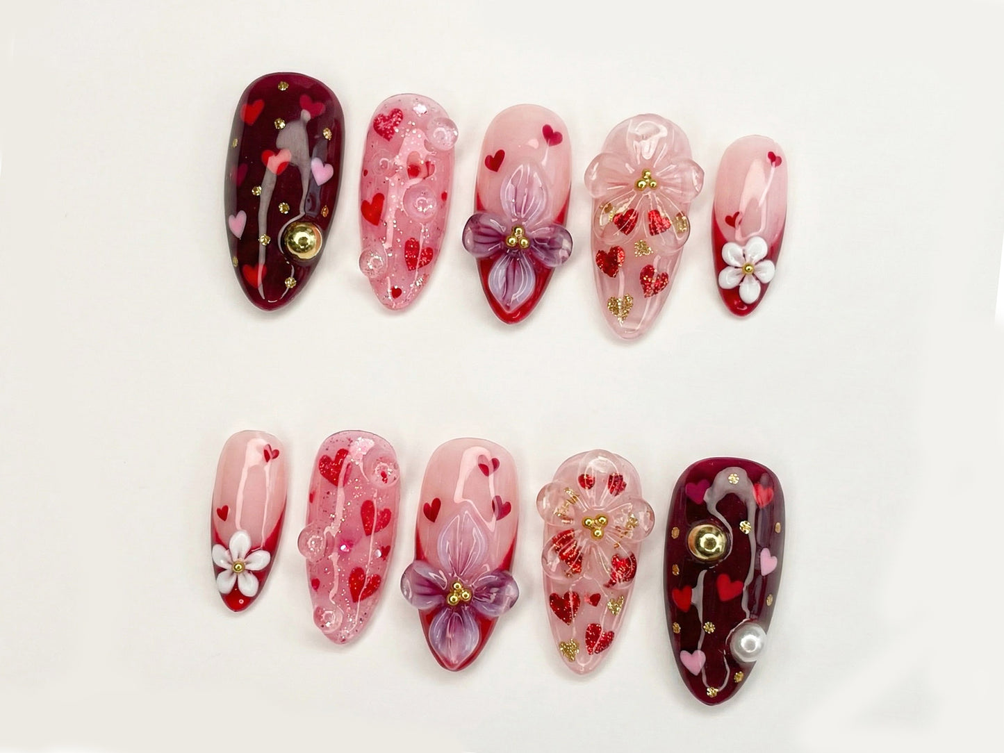 Sweetheart Bloom Press On Nails | Valentine Heart Nails | Pink Red Romantic Nails | 3D Flower Press On Nails | Handmade Love Nail Art