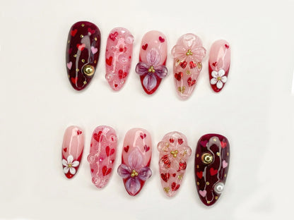 Sweetheart Bloom Press On Nails | Valentine Heart Nails | Pink Red Romantic Nails | 3D Flower Press On Nails | Handmade Love Nail Art