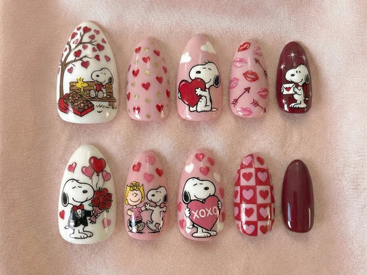 Snoopy Love Story Press On Nails | Valentine Cartoon Nails | Pink Heart Nail Art | Cute Snoopy & Peanuts Design | Handmade Press Ons
