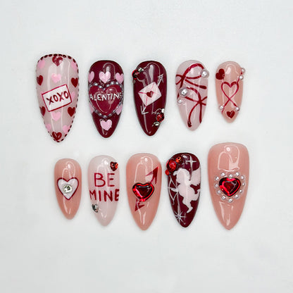 Combo Chrome Heart Desire Press On Nails 3D Pink Chrome Heart Nail Art Handmade Valentine Nail Set DB18L