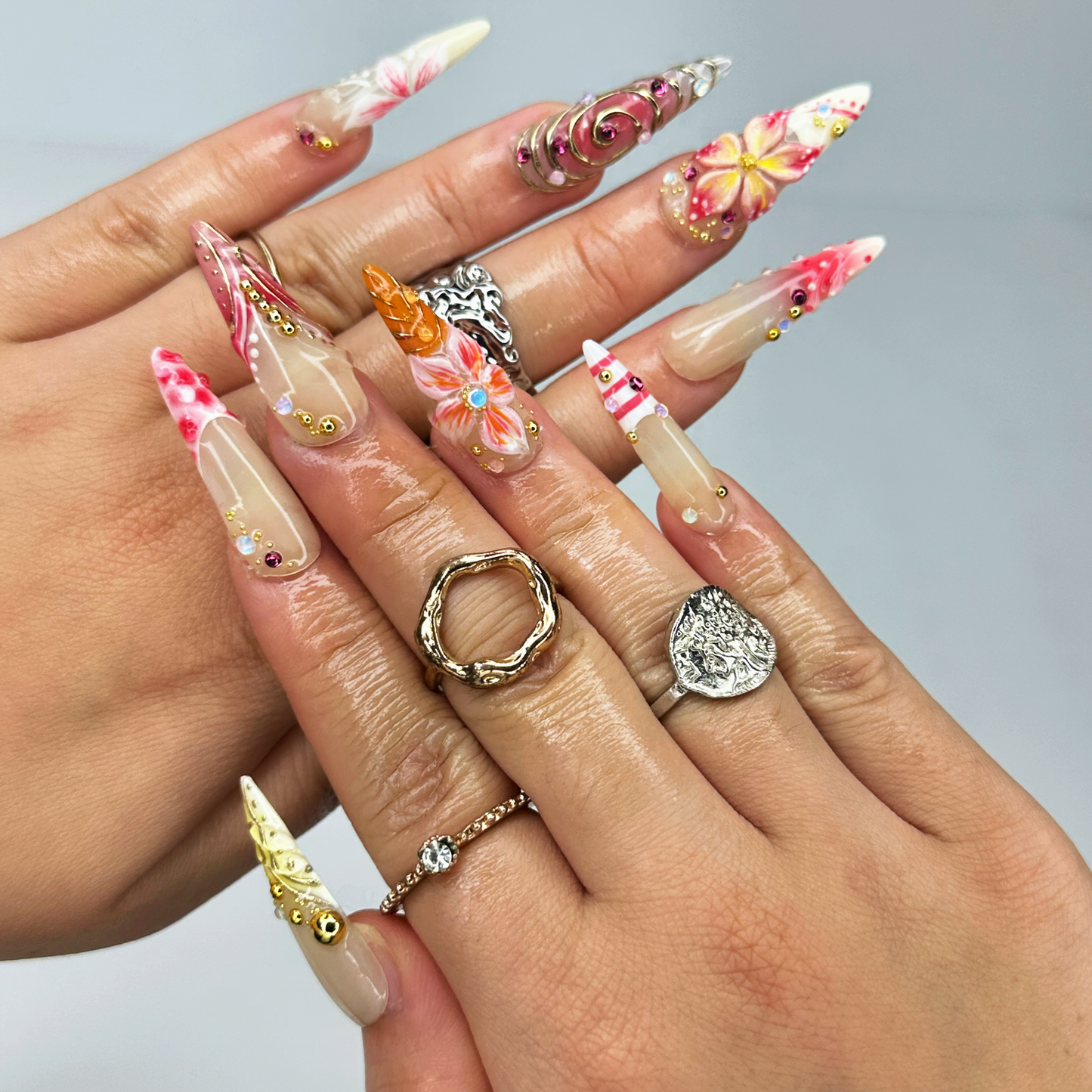 Summer 3D Press On Nails | Luxury Tropical Stiletto Nails | | Premium Beach Vacation Birthday Nails Gift | JB397LK