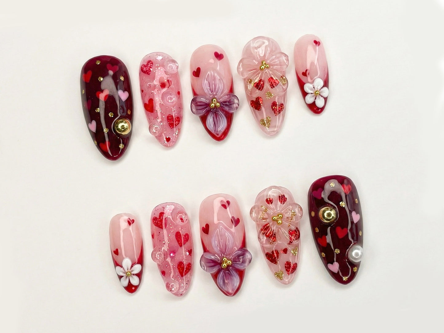 Sweetheart Bloom Press On Nails | Valentine Heart Nails | Pink Red Romantic Nails | 3D Flower Press On Nails | Handmade Love Nail Art