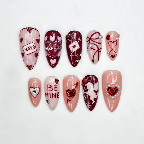 Combo Pink Ribbon Romance Press On Nails 3D Heart Bow Love Letter Nail Art Handmade Valentine Nail Set | DB15L