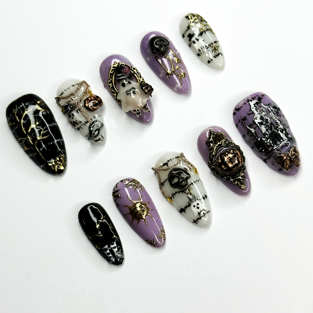 Gothic Halloween Press On Nails with 3D Charms | Purple Black Skull Ghost Fake Nails | Handmade Spooky Nails for Halloween Party| OB682LT