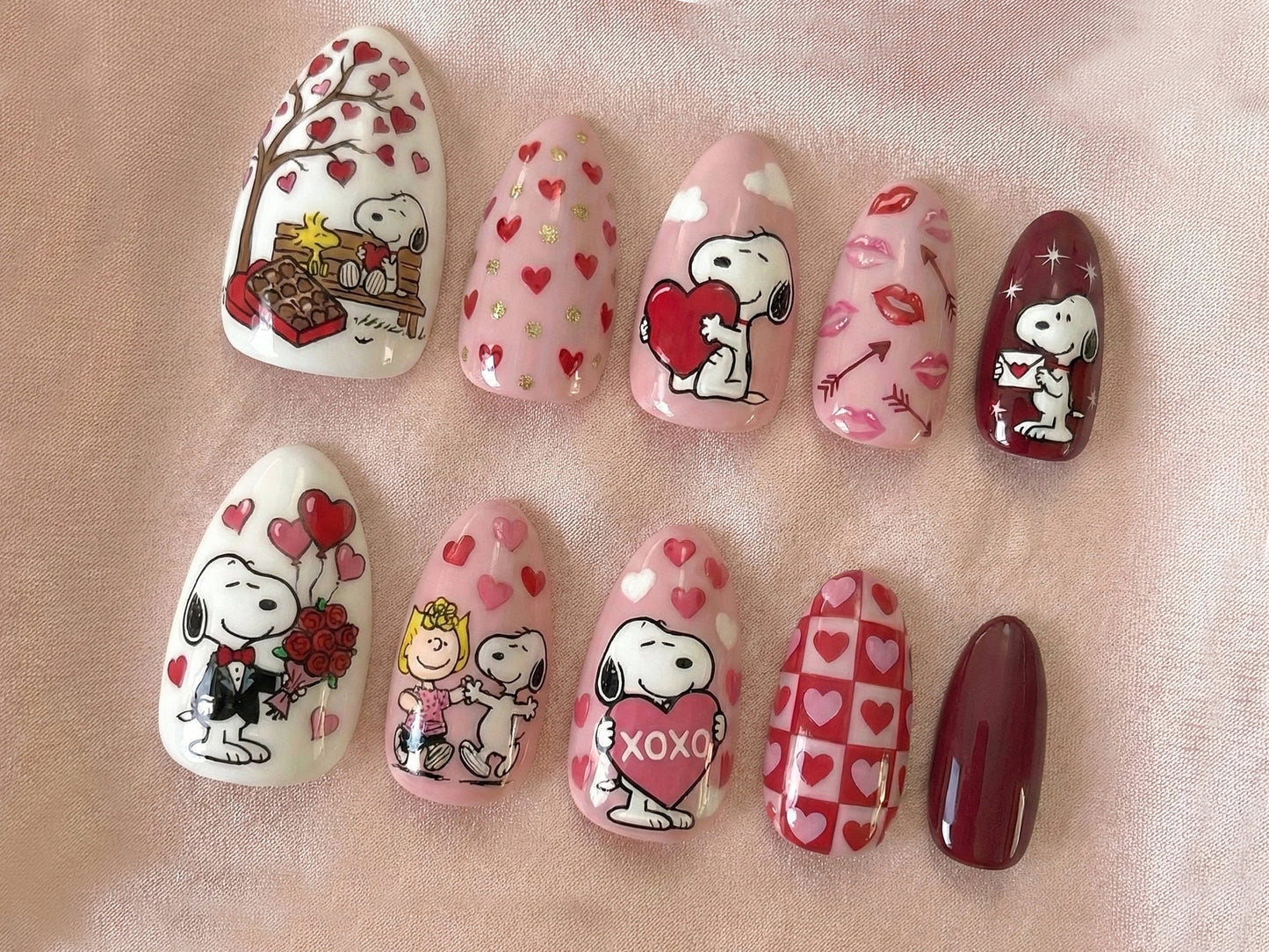 Snoopy Love Story Press On Nails | Valentine Cartoon Nails | Pink Heart Nail Art | Cute Snoopy & Peanuts Design | Handmade Press Ons | OB14L