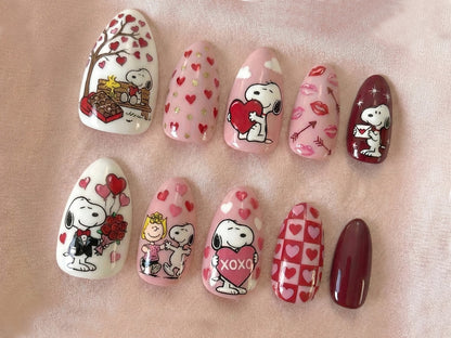 Snoopy Love Story Press On Nails | Valentine Cartoon Nails | Pink Heart Nail Art | Cute Snoopy & Peanuts Design | Handmade Press Ons | OB14L