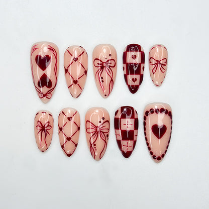 Combo Sweet Blush Hearts Press On Nails 3D Heart Gold Accent Nail Art Handmade Valentine Nail Set | DB16L
