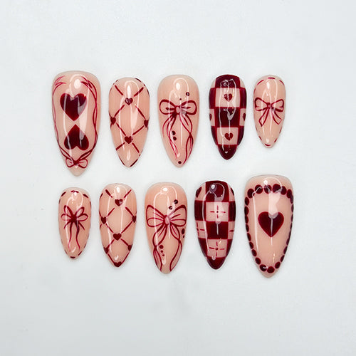 Combo Pink Ribbon Romance Press On Nails 3D Heart Bow Love Letter Nail Art Handmade Valentine Nail Set | DB15L